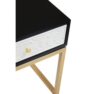 Black and White 1 Drawer Warm Metallic Finish Side Table with Gold Knob Handle, Dumas