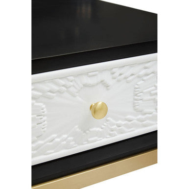 Black and White 1 Drawer Warm Metallic Finish Side Table with Gold Knob Handle, Dumas