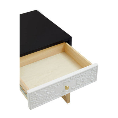 Black and White 1 Drawer Warm Metallic Finish Side Table with Gold Knob Handle, Dumas