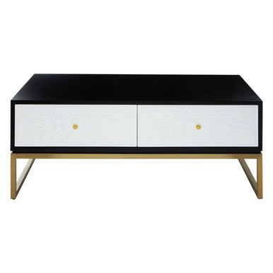 Black and White 4 Drawer Warm Metallic Finish Coffee Table with Gold Knob Handle, Dumas