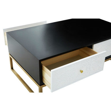 Black and White 4 Drawer Warm Metallic Finish Coffee Table with Gold Knob Handle, Dumas