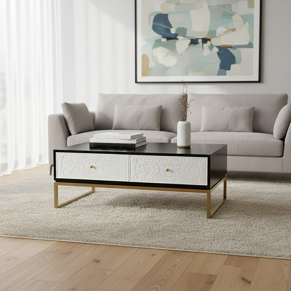 Black and White 4 Drawer Warm Metallic Finish Coffee Table with Gold Knob Handle, Dumas