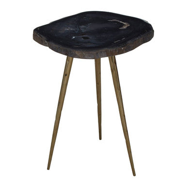Brown Petrified Wood Top Side Table with Brass Finish Angular Legs, Relic