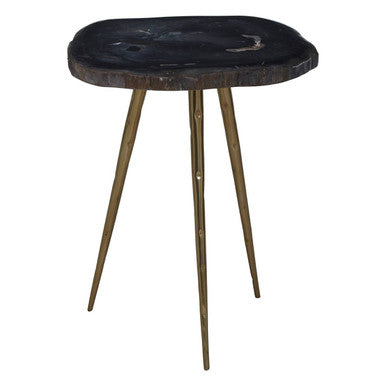 Brown Petrified Wood Top Side Table with Brass Finish Angular Legs, Relic