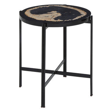 Black Petrified Wood Top Side Table with Cross-Base Legs, Relic