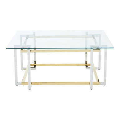 Clear Tempered Glass Top Coffee Table with Silver and Gold Stainless Steel Base, Elino