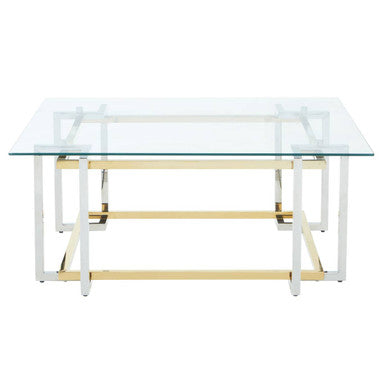 Clear Tempered Glass Top Coffee Table with Silver and Gold Stainless Steel Base, Elino