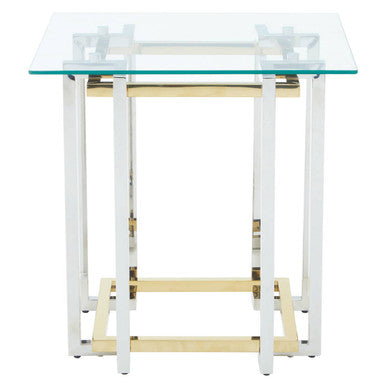 Clear Tempered Glass Top Side Table with Silver and Gold Stainless Steel Base, Elino