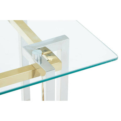 Clear Tempered Glass Top Side Table with Silver and Gold Stainless Steel Base, Elino