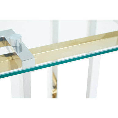 Clear Tempered Glass Top Side Table with Silver and Gold Stainless Steel Base, Elino