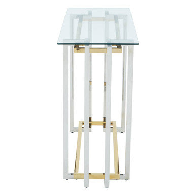 Clear Tempered Glass Top Console Table with Silver and Gold Stainless Steel Base, Elino