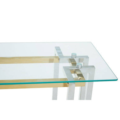 Clear Tempered Glass Top Console Table with Silver and Gold Stainless Steel Base, Elino