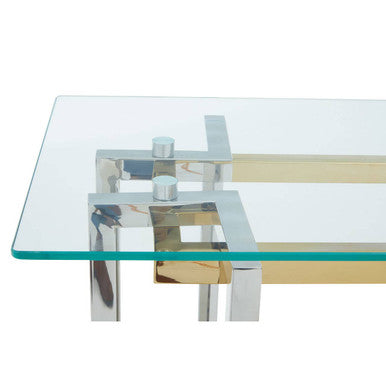 Clear Tempered Glass Top Console Table with Silver and Gold Stainless Steel Base, Elino