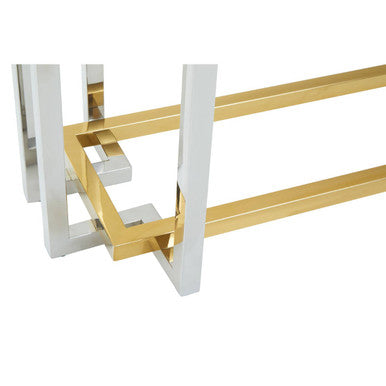 Clear Tempered Glass Top Console Table with Silver and Gold Stainless Steel Base, Elino
