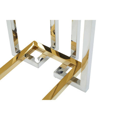Clear Tempered Glass Top Console Table with Silver and Gold Stainless Steel Base, Elino