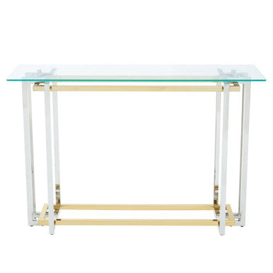Clear Tempered Glass Top Console Table with Silver and Gold Stainless Steel Base, Elino