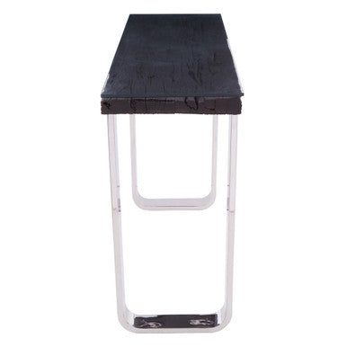 Black Wood and Clear Glass Top Console Table with Silver U-Shaped Metal Legs, Kerala