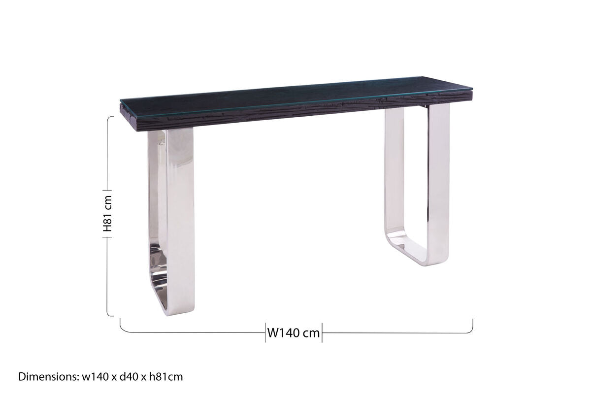 Black Wood and Clear Glass Top Console Table with Silver U-Shaped Metal Legs, Kerala