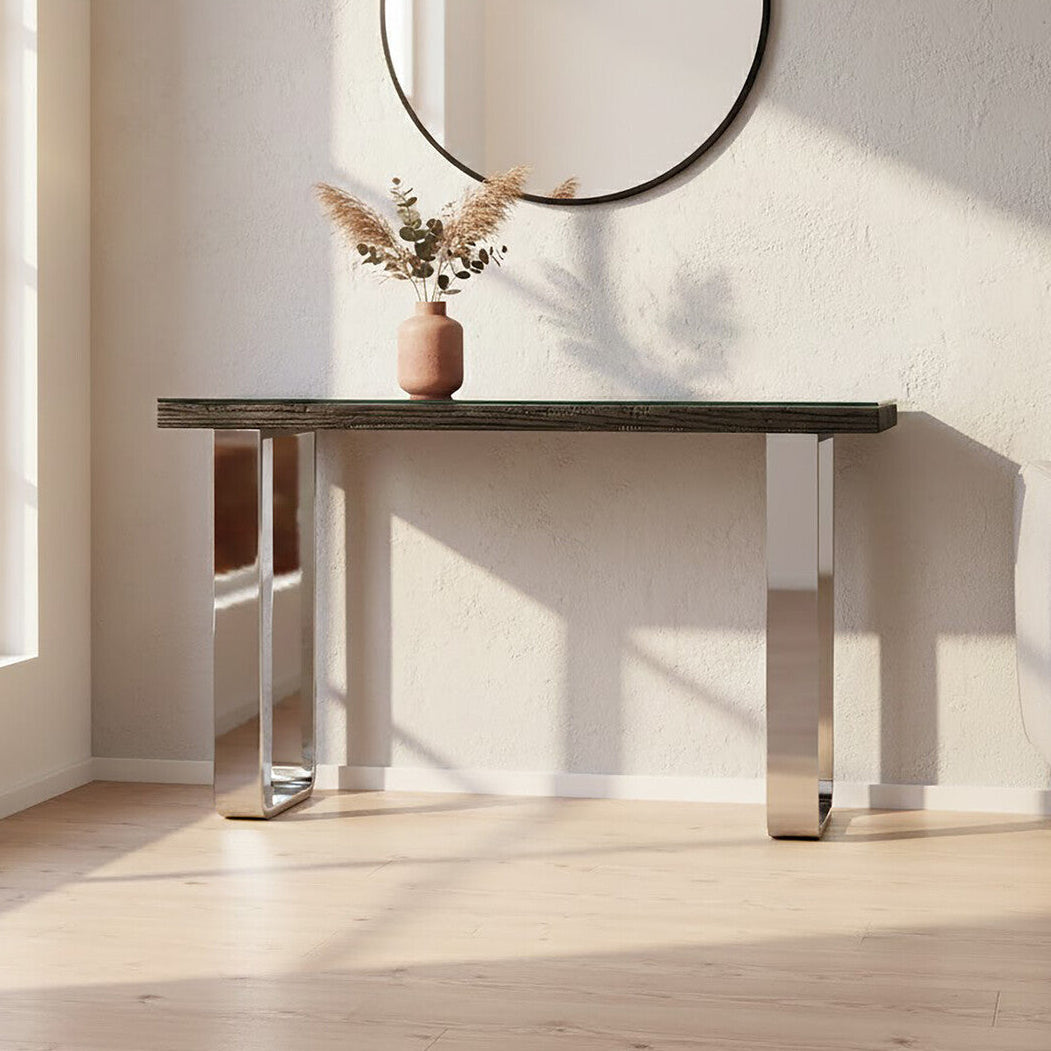 Black Wood and Clear Glass Top Console Table with Silver U-Shaped Metal Legs, Kerala