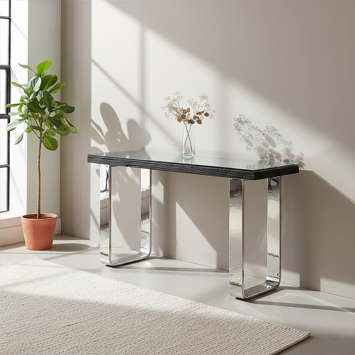 Black Wood and Clear Glass Top Console Table with Silver U-Shaped Metal Legs, Kerala