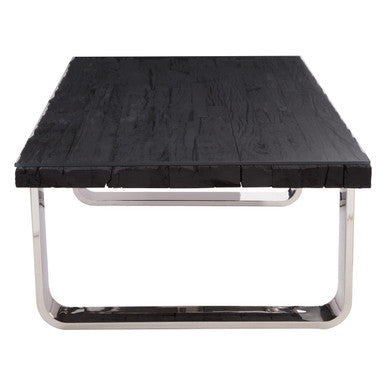 Black Wood and Clear Glass Top Coffee Table with Silver U-Shaped Metal Legs, Kerala