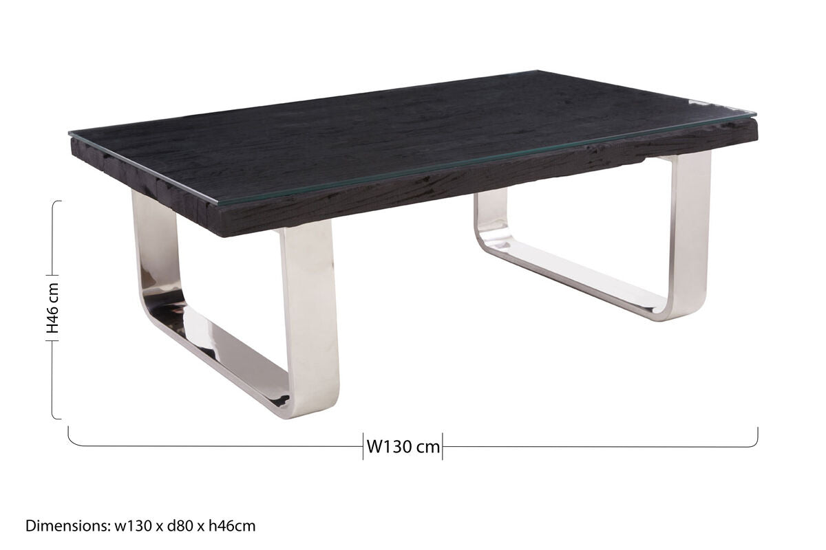 Black Wood and Clear Glass Top Coffee Table with Silver U-Shaped Metal Legs, Kerala