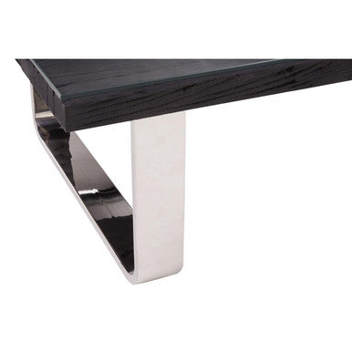 Black Wood and Clear Glass Top Coffee Table with Silver U-Shaped Metal Legs, Kerala