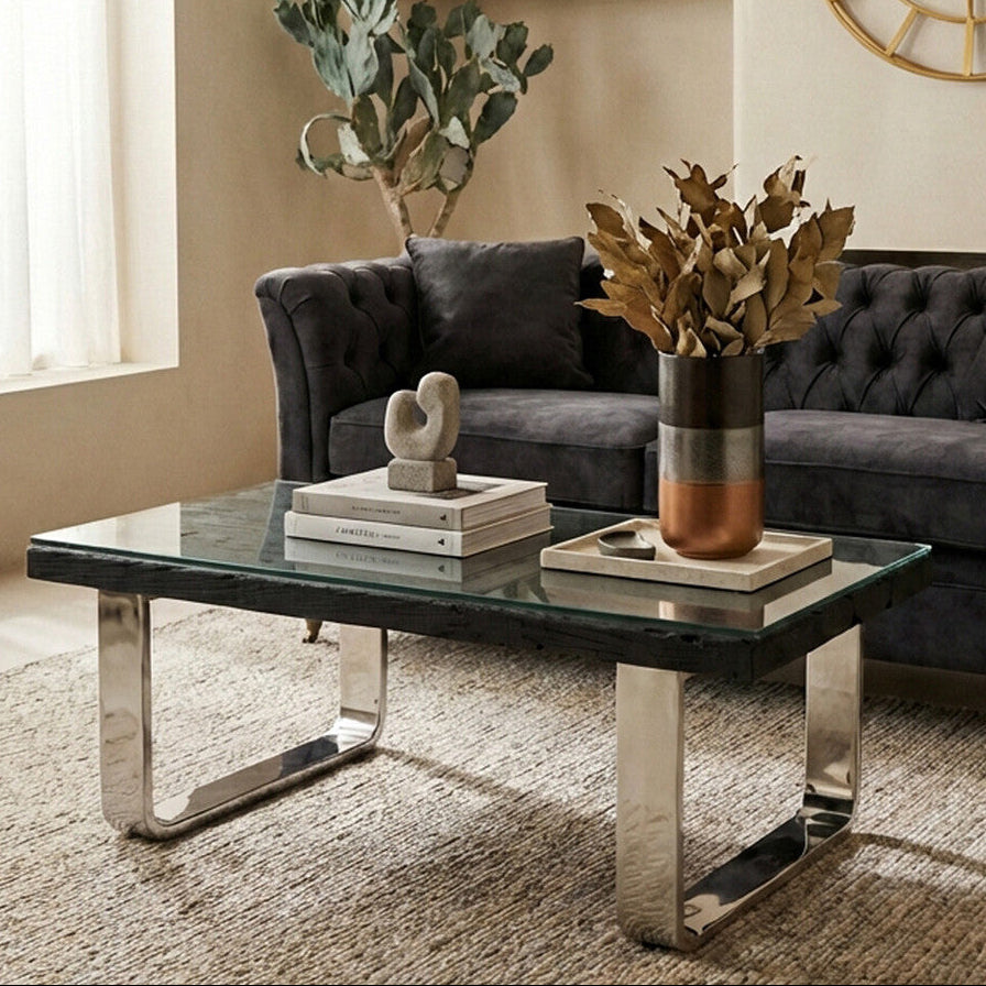 Black Wood and Clear Glass Top Coffee Table with Silver U-Shaped Metal Legs, Kerala