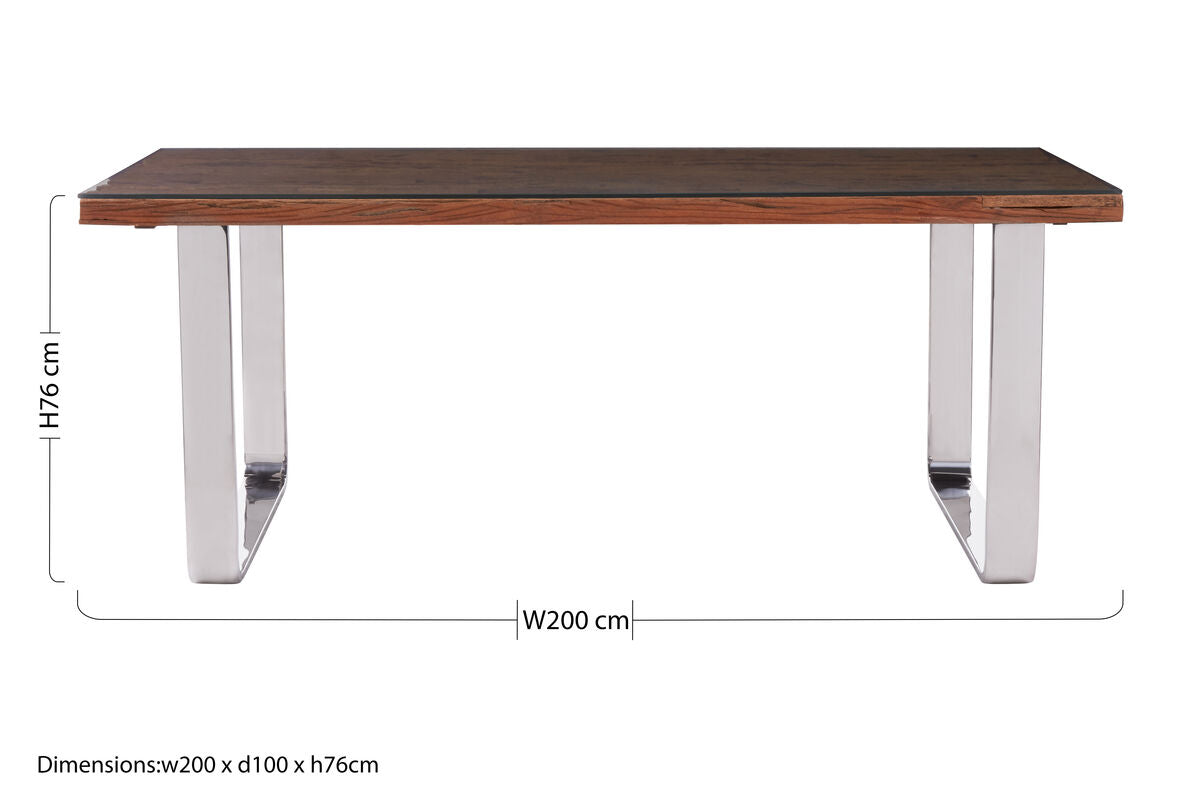 Natural Wood and Clear Glass Top Dining Table with Silver U-Shaped Metal Legs, Kerala