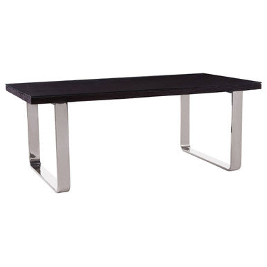 Large Black Pinewood and Clear Glass Top Dining Table with Silver U-Shaped Metal Legs, Kerala