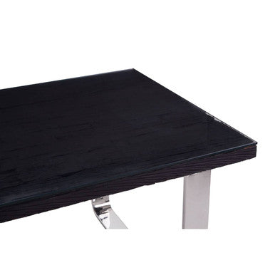 Large Black Pinewood and Clear Glass Top Dining Table with Silver U-Shaped Metal Legs, Kerala