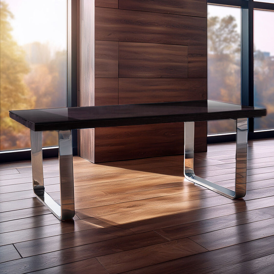 Large Black Pinewood and Clear Glass Top Dining Table with Silver U-Shaped Metal Legs, Kerala
