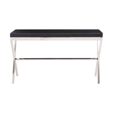 Black Wood and Clear Glass Top Console Table with Silver Crossed Legs, Kerala