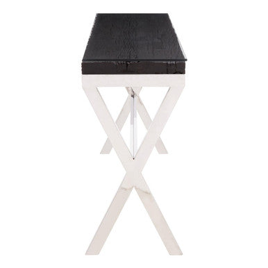 Black Wood and Clear Glass Top Console Table with Silver Crossed Legs, Kerala