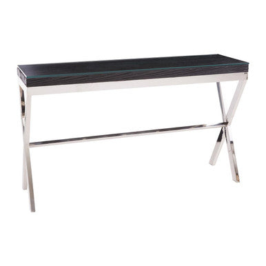 Black Wood and Clear Glass Top Console Table with Silver Crossed Legs, Kerala