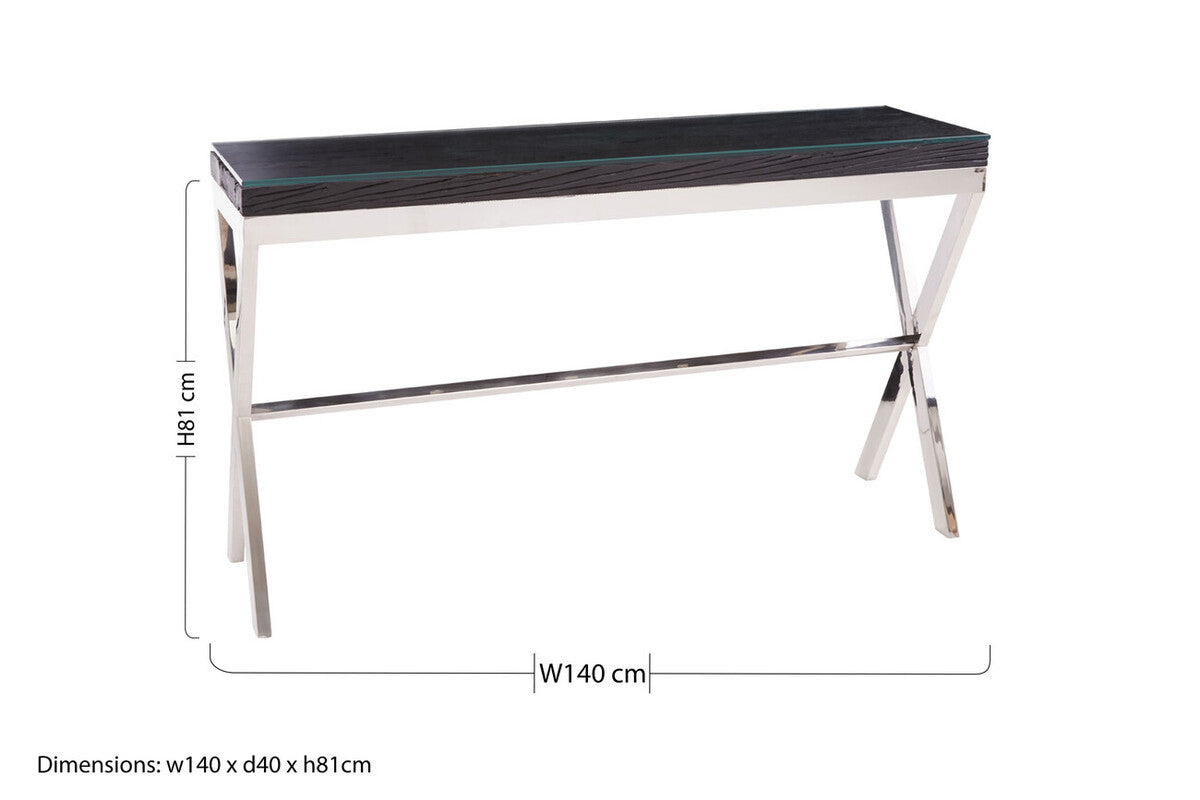 Black Wood and Clear Glass Top Console Table with Silver Crossed Legs, Kerala