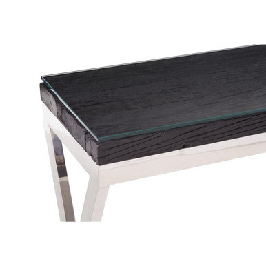 Black Wood and Clear Glass Top Console Table with Silver Crossed Legs, Kerala