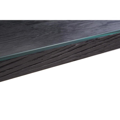 Black Wood and Clear Glass Top Console Table with Silver Crossed Legs, Kerala