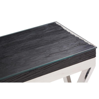 Black Wood and Clear Glass Top Console Table with Silver Crossed Legs, Kerala