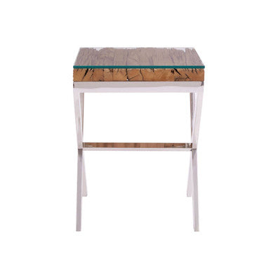 Natural Sal Wood and Clear Glass Top Side Table with White Crossed Legs, Kerala