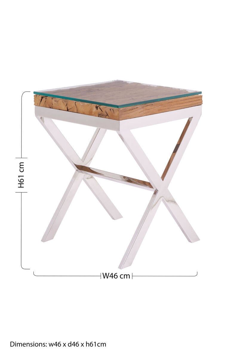 Natural Sal Wood and Clear Glass Top Side Table with White Crossed Legs, Kerala