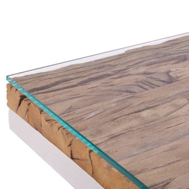 Natural Sal Wood and Clear Glass Top Side Table with White Crossed Legs, Kerala