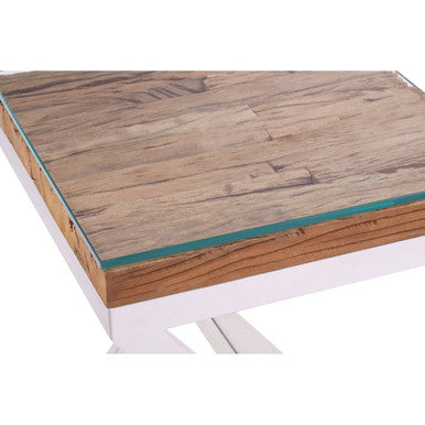 Natural Sal Wood and Clear Glass Top Side Table with White Crossed Legs, Kerala