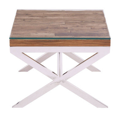 Square Natural Wood and Clear Glass Top End Table with Silver Cross Base, Kerala