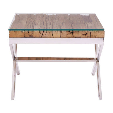 Square Natural Wood and Clear Glass Top End Table with Silver Cross Base, Kerala