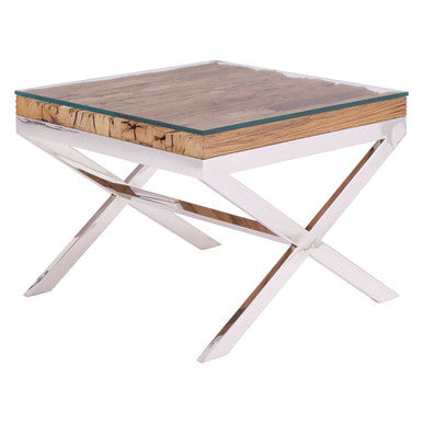 Square Natural Wood and Clear Glass Top End Table with Silver Cross Base, Kerala