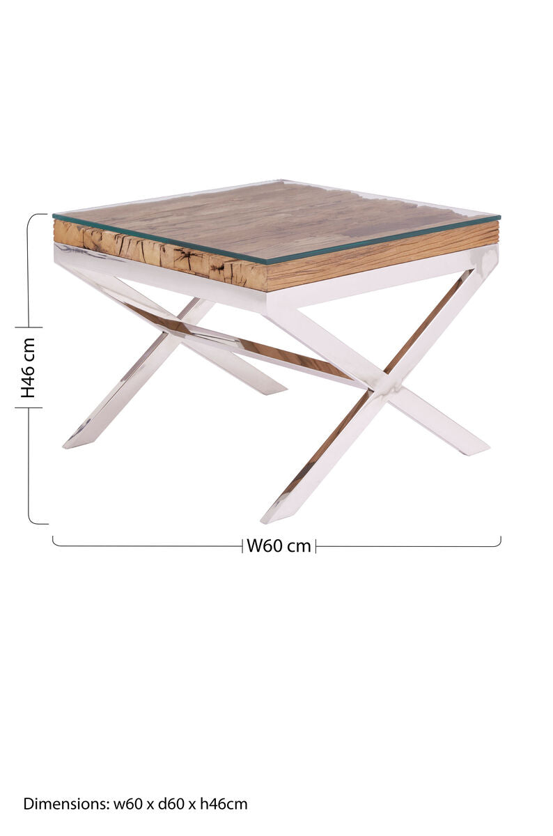 Square Natural Wood and Clear Glass Top End Table with Silver Cross Base, Kerala