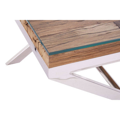 Square Natural Wood and Clear Glass Top End Table with Silver Cross Base, Kerala