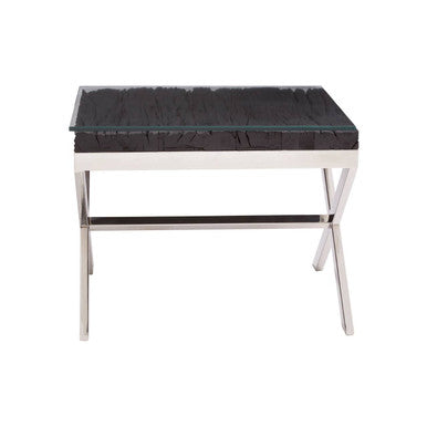 Square Black Wood and Clear Glass Top End Table with Silver Cross Base, Kerala