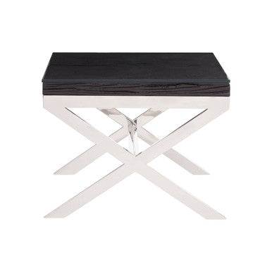 Square Black Wood and Clear Glass Top End Table with Silver Cross Base, Kerala